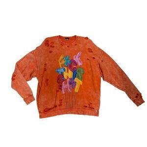 R13‎ FTS Balloon Crewneck Sweatshirt Destroyed Mens Size M Orange